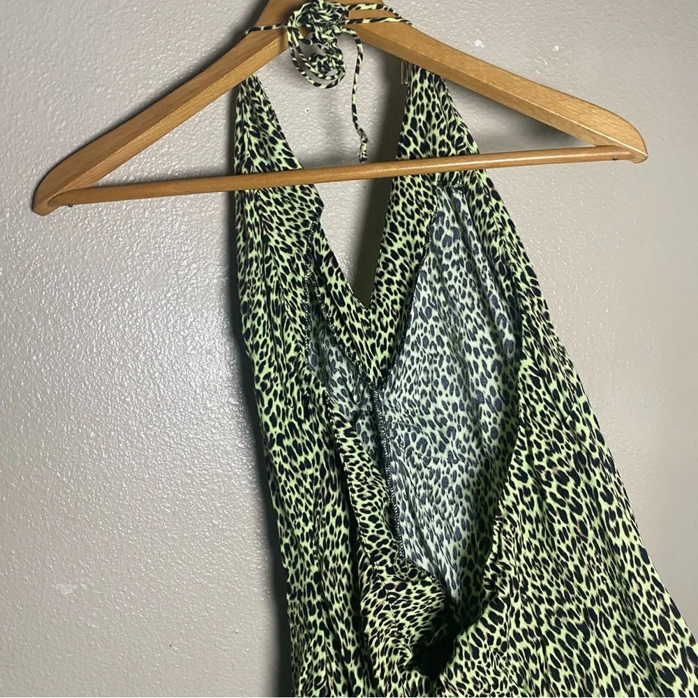 AFRM Green and Black Leopard Print Halter Dress front slit Beach XL - Picture 4 of 7